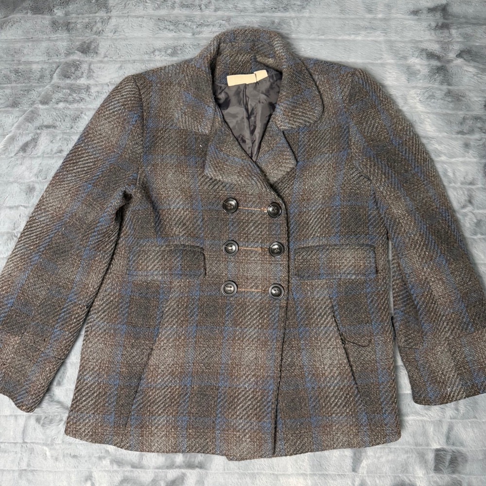 Kenar Brown Blue Plaid Wool Blend Double Breasted Pea Coat Jacket Womens Size 14